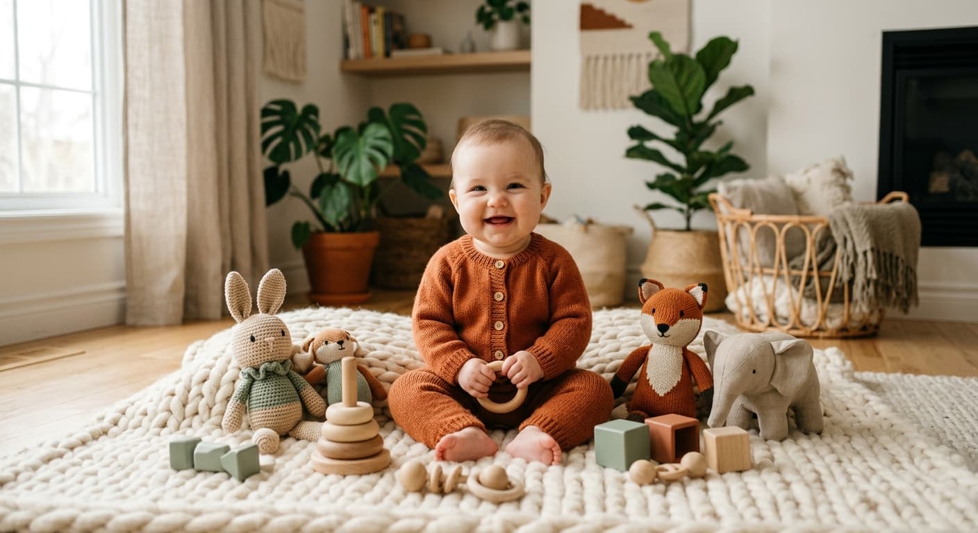 Baby i koselige hjemmelagde klær fra Lille Apekatt
